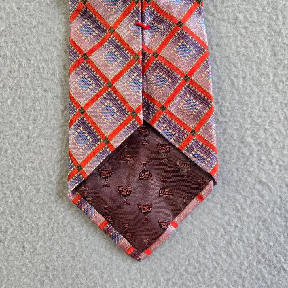 Dion Signature Necktie Mens OS Purple Red Geometric Diamond 100% Italian Silk